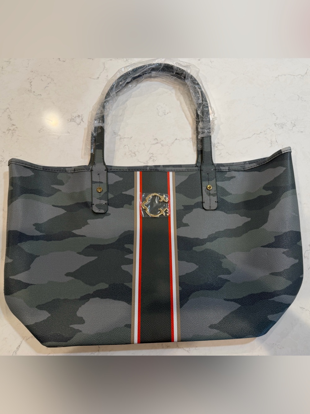 C. Wonder Gray & Black Camo Stripe Tote with Gold Emblem
